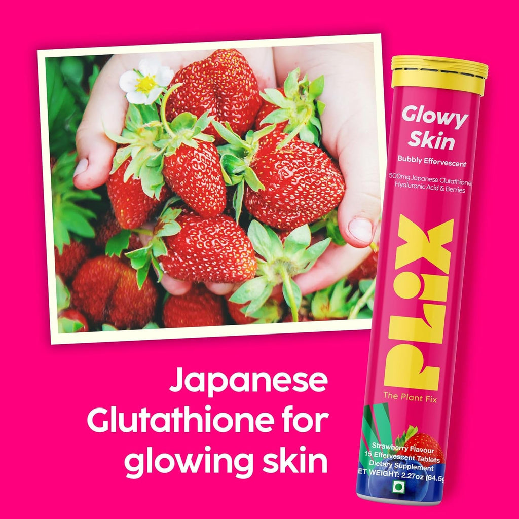 PLIX Glowy Skin 500Mg Glutathione Supplement with Hyaluronic Acid, Vitamin C, E & Berries | 30 Effervescent Tablets, Strawberry Flavor