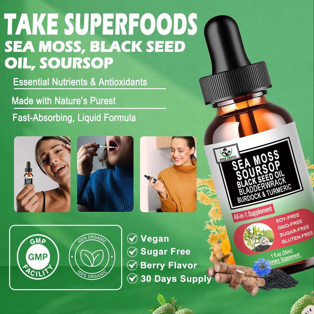 Sea Moss Black Seed Oil Soursop Liquid Drops with Bladderwrack Burdock Root Turmeric - Multimineral & Vitamins Superfood Drops Organic Non-Gmo for Immune & Digestive & Cell Support Skin Hair