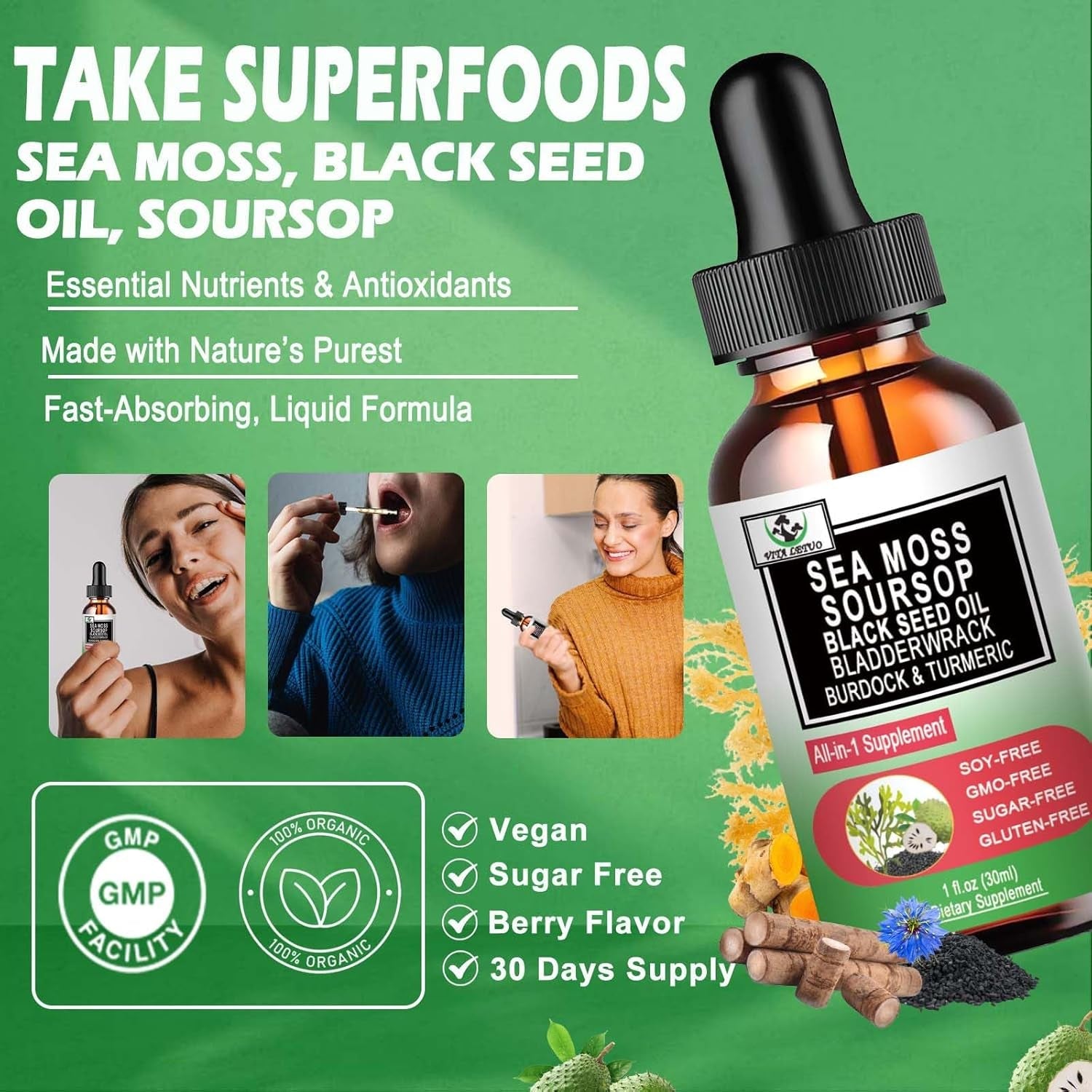 Sea Moss Black Seed Oil Soursop Liquid Drops with Bladderwrack Burdock Root Turmeric - Multimineral & Vitamins Superfood Drops Organic Non-Gmo for Immune & Digestive & Cell Support Skin Hair