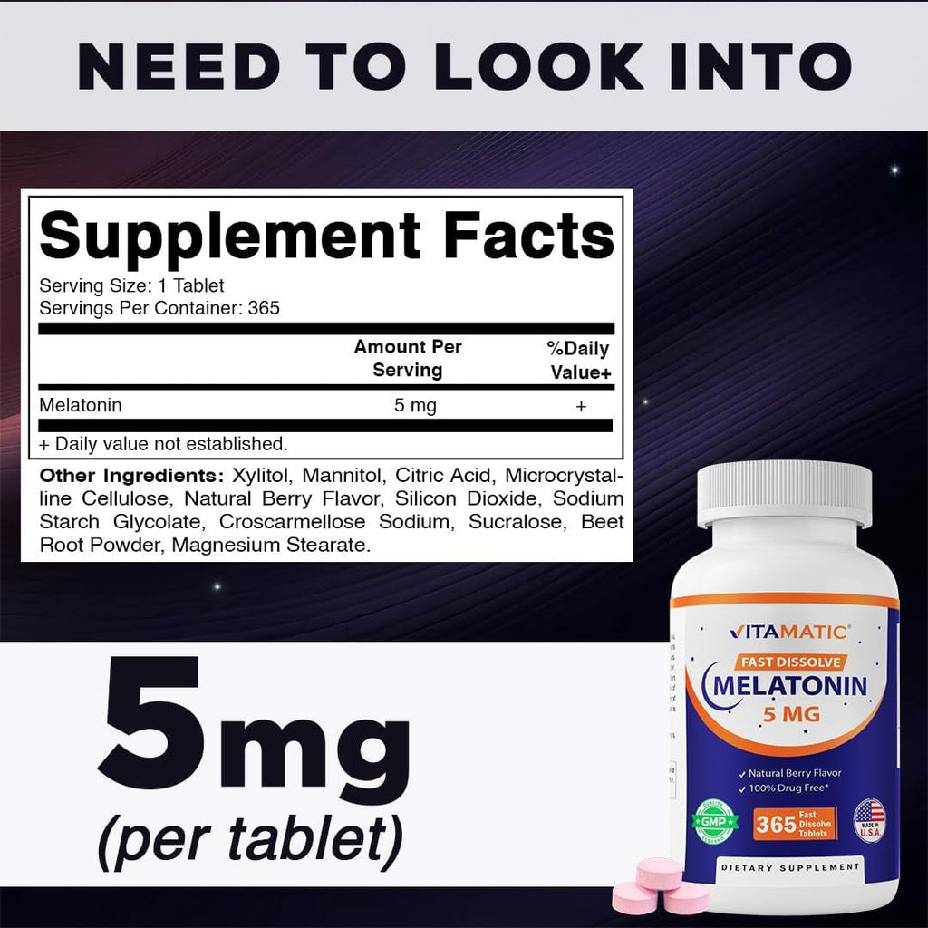 Vitamatic Melatonin 5 Mg Tablets | Vegetarian, Non-Gmo, Gluten Free | 1 Year Supply | Natural Berry Flavor - 365 Tablets
