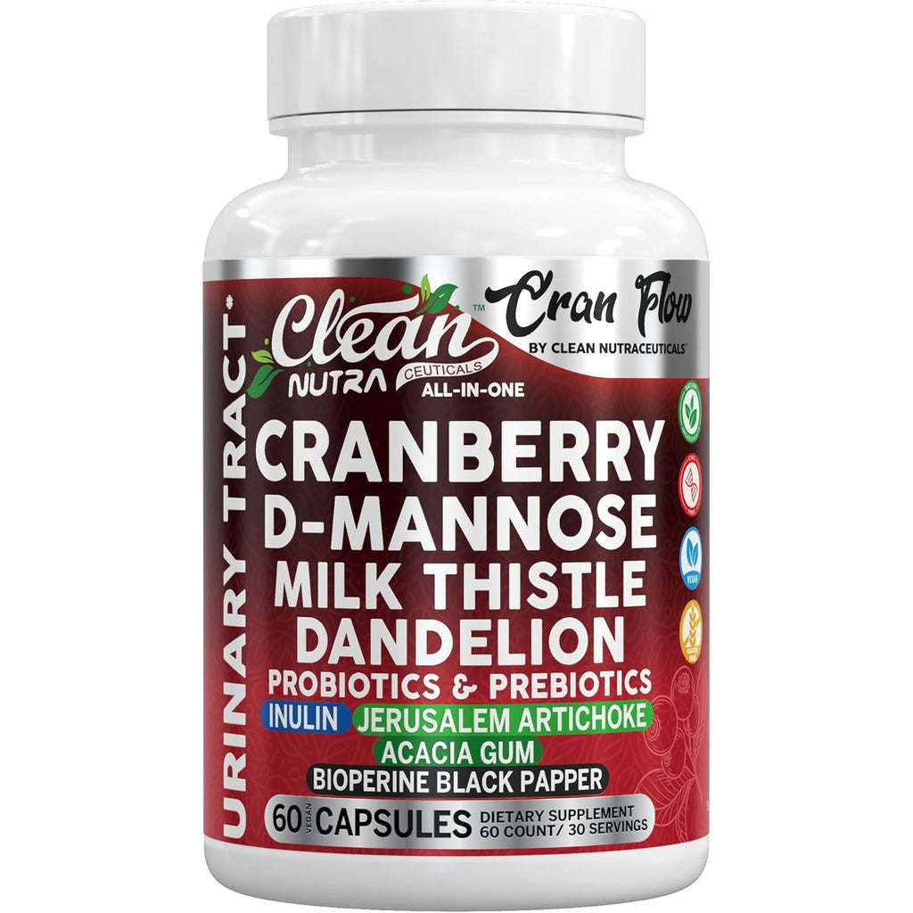 Cran Flow Cranberry Pills for Urinary Health D-Mannose Milk Thistle Dandelion Inulin Vitamin C Prebiotics and Probiotics Bladder Support by Clean Nutra