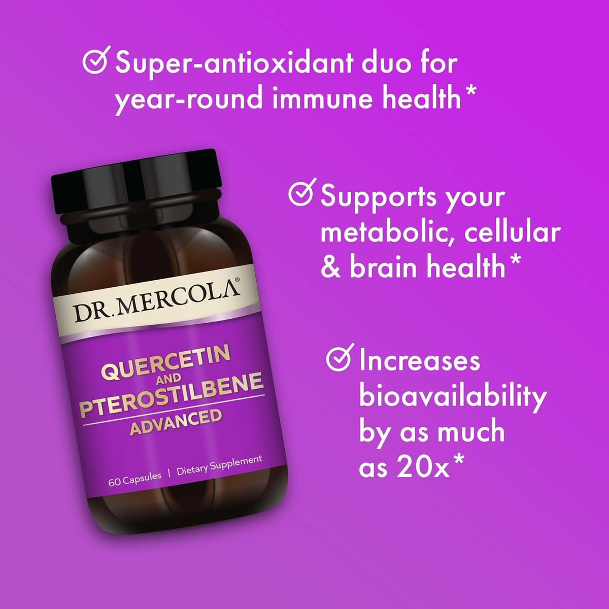 Dr. Mercola Quercetin & Pterostilbene Advanced - Supports Respiratory & Immune Health - 500 Mg Quercetin - High-Bioavailability Formula - Non-Gmo, Gluten-Free & Soy Free - 60 Capsules (30 Servings)
