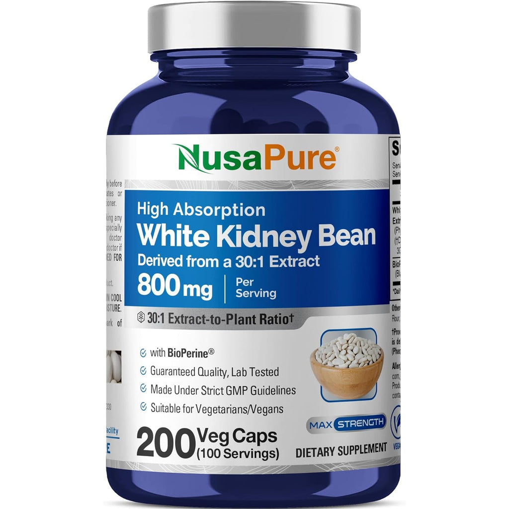 Nusapure White Kidney Beans Capsules, 800 Mg, 200 Veg Capsules (Non-Gmo, Vegan)