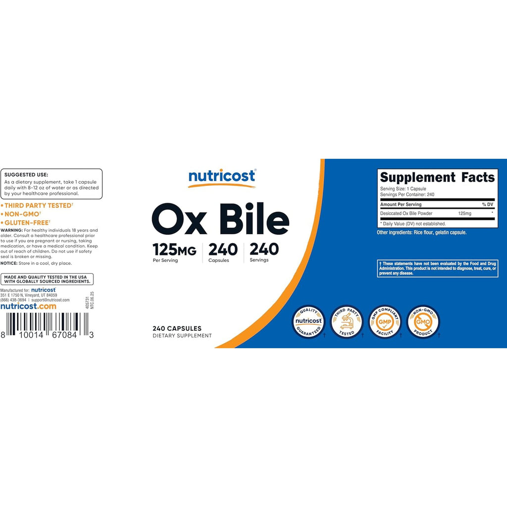 Nutricost Ox Bile Capsules 125Mg, 240 Capsules - Non-Gmo