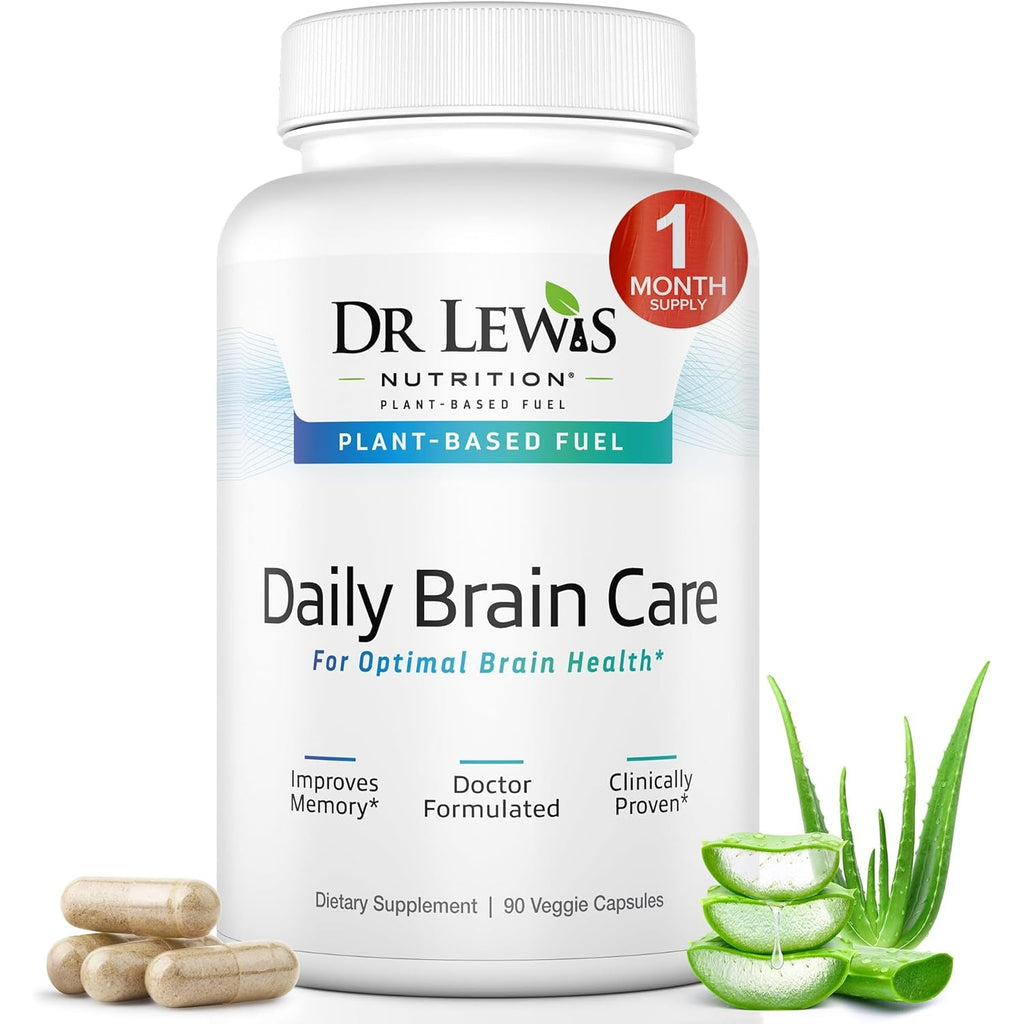 Dr Lewis Daily Brain Care Capsules - Brain Supplements for Memory and Focus with Aloe Vera - Plant-Based Nootropic and Energy Supplement for Brain Fog, Mental Clarity, and Immune Support - 90 Capsules