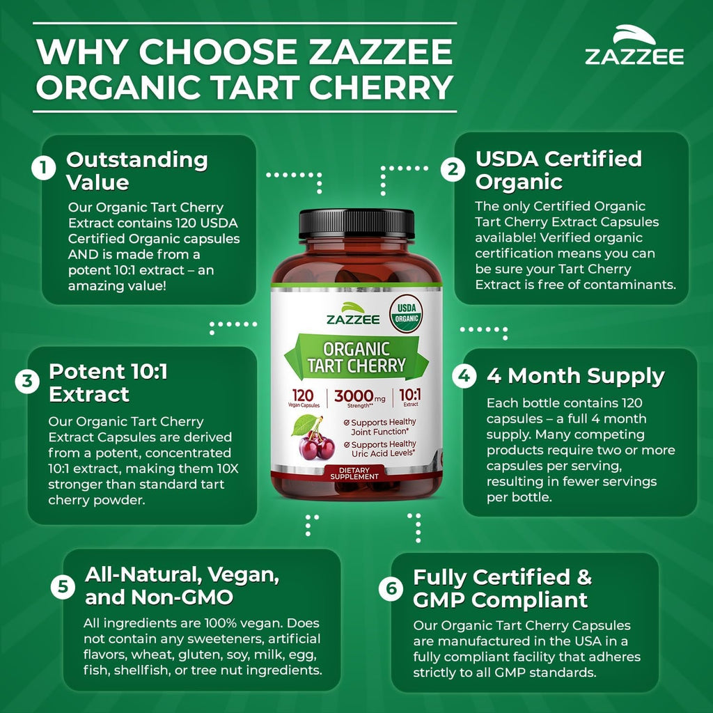 Zazzee USDA Organic Tart Cherry 10:1 Extract, 120 Vegan Capsules, 4 Month Supply, Montmorency Cherry, Daily Wellness Antioxidant Support, Organic Herbal Supplement, All-Natural, Non-Gmo, Made in USA