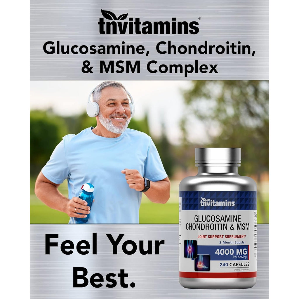 Tnvitamins Glucosamine Chondroitin MSM Capsules, 240 Count | 4,000 Mg per Serving | 2,000 Mg Glucosamine Sulfate 2Kcl + 2,000 Mg MSM & Chondroitin Blend | Joint Support Supplement