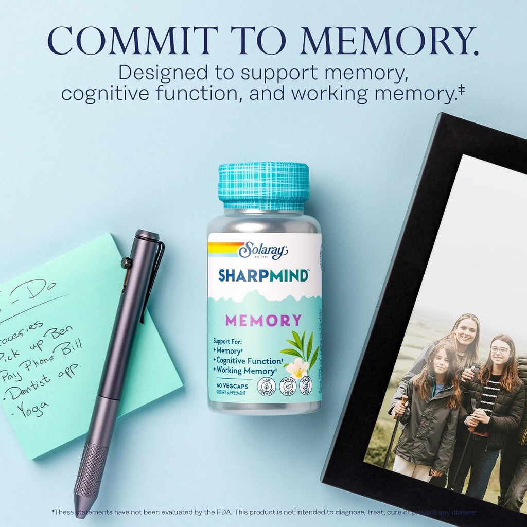 SOLARAY Sharpmind Memory Formula - Brain Supplements for Memory and Focus - Cognivia, Gotu Kola & Chaga Mushroom Supplement - Ginkgo Biloba Alternative - 60-Day Guarantee - 30 Servings, 60 Vegcaps