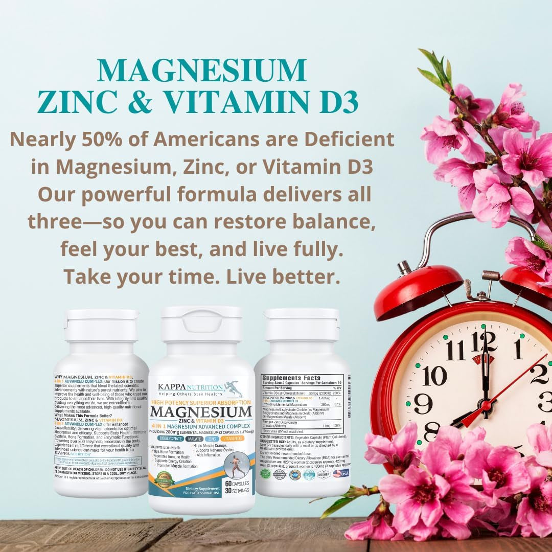 Kappa Nutrition Magnesium 4-In-1, 280Mg Elemental Magnesium (Bisglycinate, Malate) + Zinc & Vitamin D3, Brain, Sleep, Energy, Muscle, Immune Support, 60 Vegan Capsules.