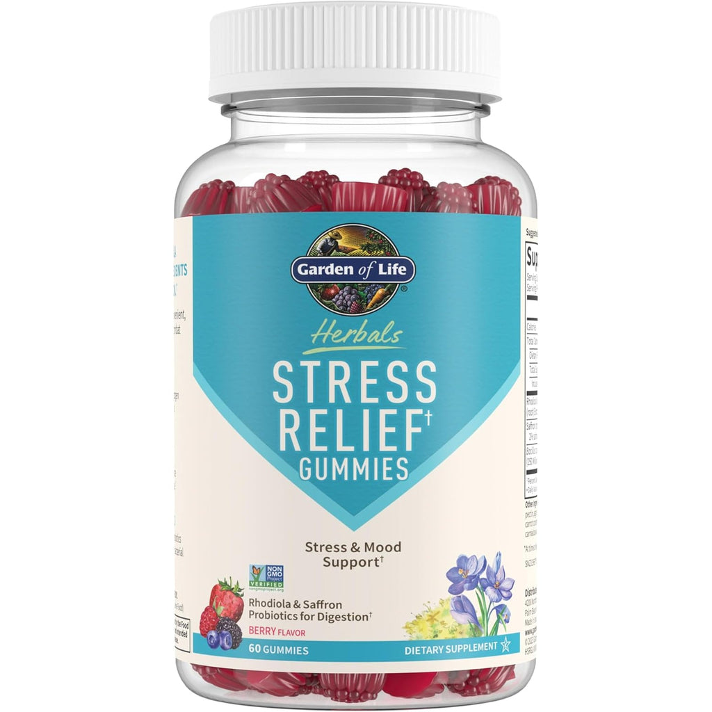 Garden of Life Herbals Stress Relief Gummy with Rhodiola & Saffron for Positive Mood & Stress Response plus Prebiotics & Probiotics for Digestive Support, Gluten-Free, Berry Flavor, 30 Servings