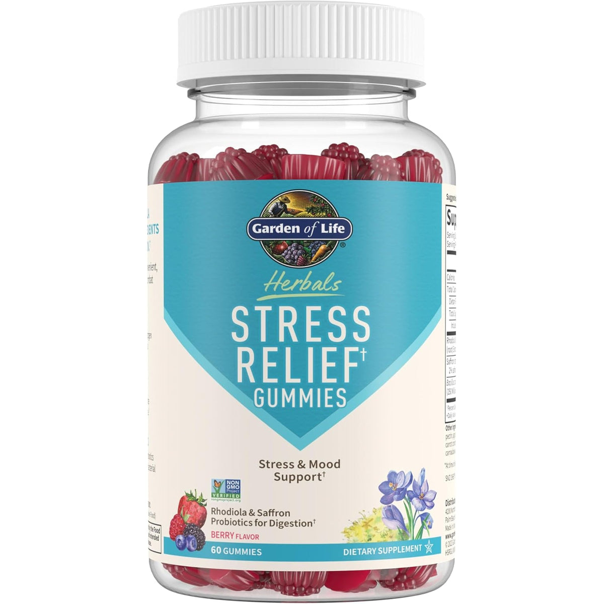 Garden of Life Herbals Stress Relief Gummy with Rhodiola & Saffron for Positive Mood & Stress Response plus Prebiotics & Probiotics for Digestive Support, Gluten-Free, Berry Flavor, 30 Servings