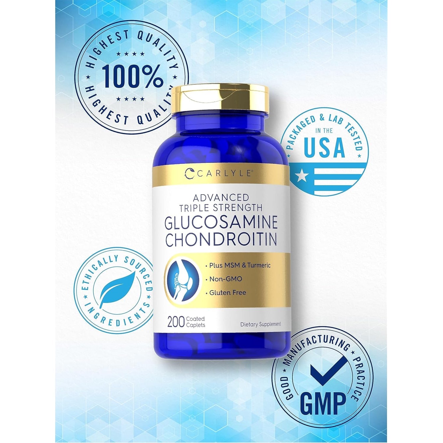 Carlyle Glucosamine Chondroitin MSM Turmeric | 200 Count | Advanced Triple Strength Supplement | Non-Gmo & Gluten Free
