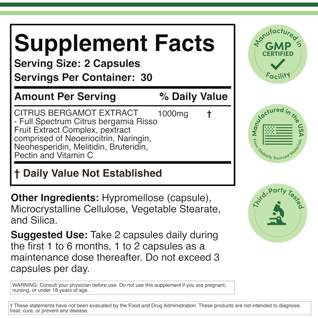 Citrus Bergamot Supplement - NSF Certified - Supports Healthy Cholesterol & Triglyceride Levels - 1000Mg, 60 Capsules (Bergamonte Standardization) by Double Wood