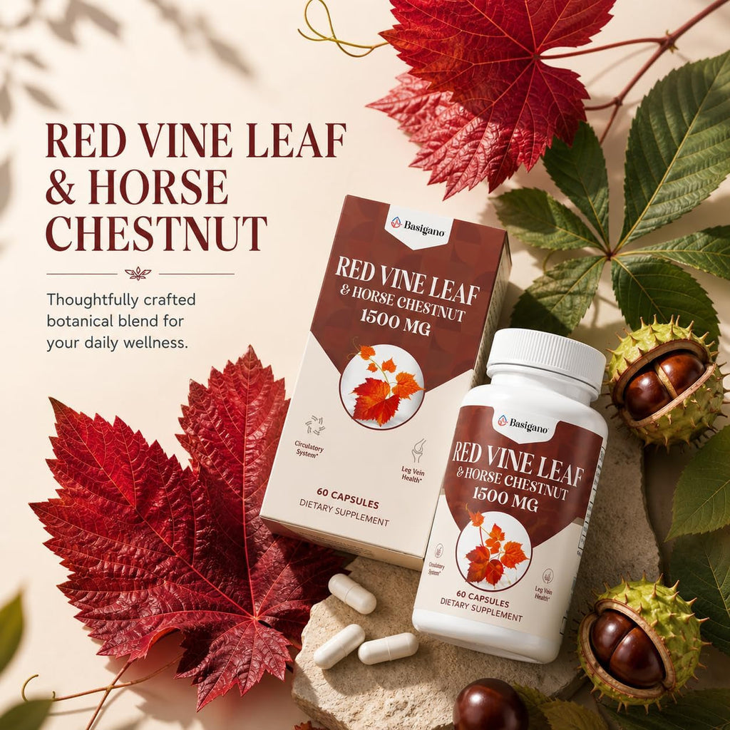 Red Vine Leaf & Horse Chestnut Extract Capsule Supplements (Vitis Vinifera) 1500Mg -Premium Extract for Healthy Veins, Circulation, Heart, Skin (1 Pack)