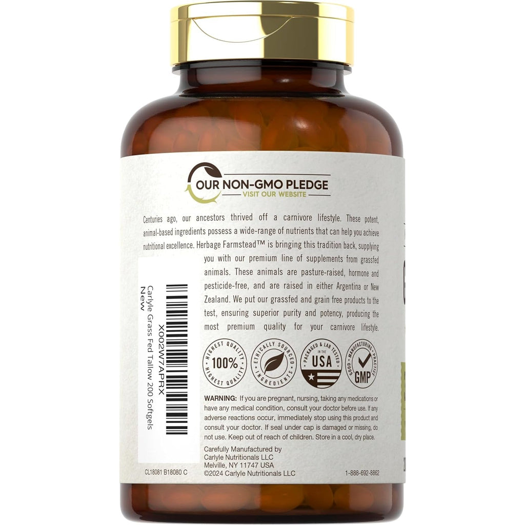 Carlyle Grass Fed Beef Tallow 3120Mg | 200 Softgel Capsules | Pasture Raised Bovine Supplement | Non-Gmo, Gluten Free | by Herbage Farmstead