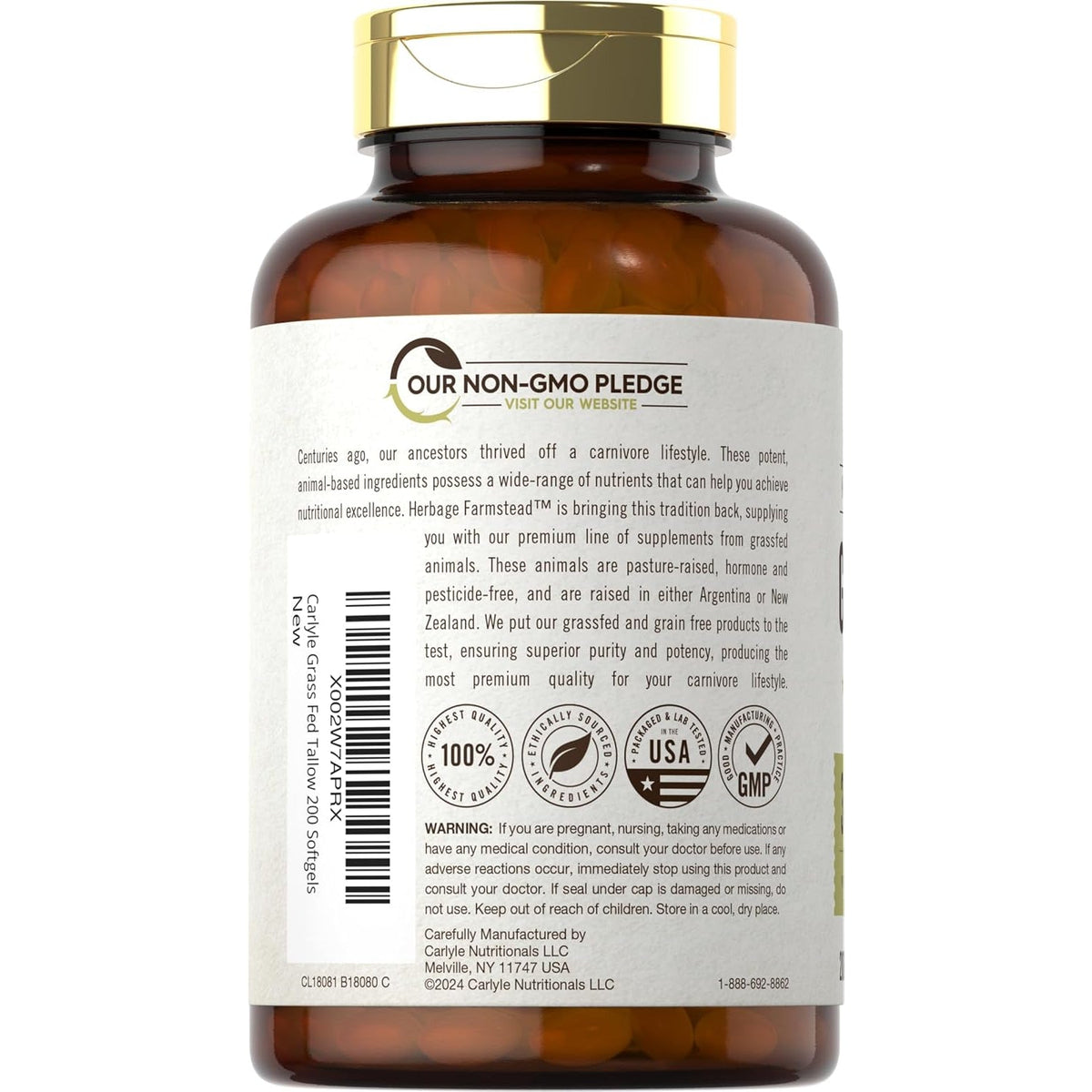 Carlyle Grass Fed Beef Tallow 3120Mg | 200 Softgel Capsules | Pasture Raised Bovine Supplement | Non-Gmo, Gluten Free | by Herbage Farmstead