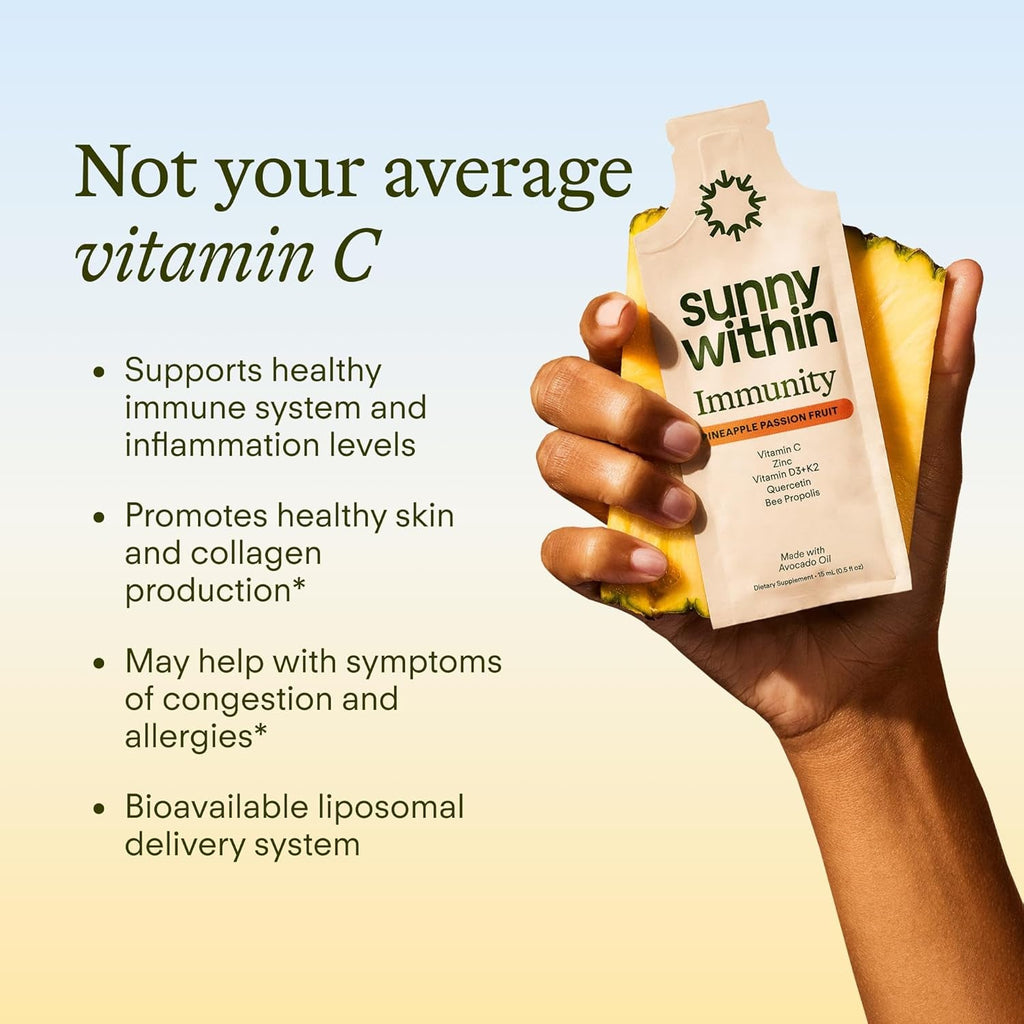 Immunity - 6-In-1 Liposomal Vitamin C Packets, Zinc, D3 + K2, Quercetin, Bee Propolis & Avocado Oil - Antioxidant Liquid Supplement for Immunity, Skin & Bone* - 30 Pouches