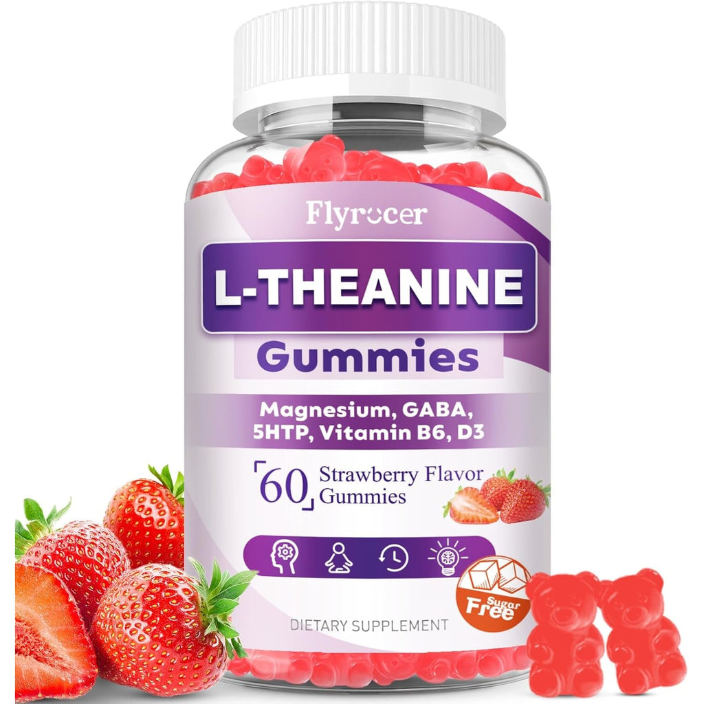 Sugar Free L-Theanine Gummies, L Theanine Supplement for Adults & Kids, L'Theanine with Ashwagandha, Magnesium, 5HTP & GABA - Support Calm, Relax, Zzz, Focus, Vegan Strawberry Flavor, 60 Count