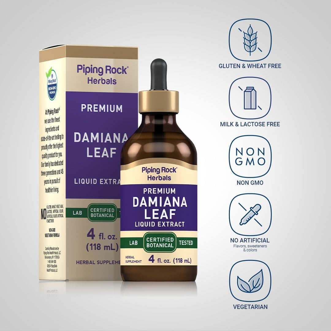 Piping Rock Damiana Leaf Herb Tincture | 4 Fl Oz | Liquid Extract Drops | Vegetarian & Alcohol Free | Non GMO, Gluten Free Supplement