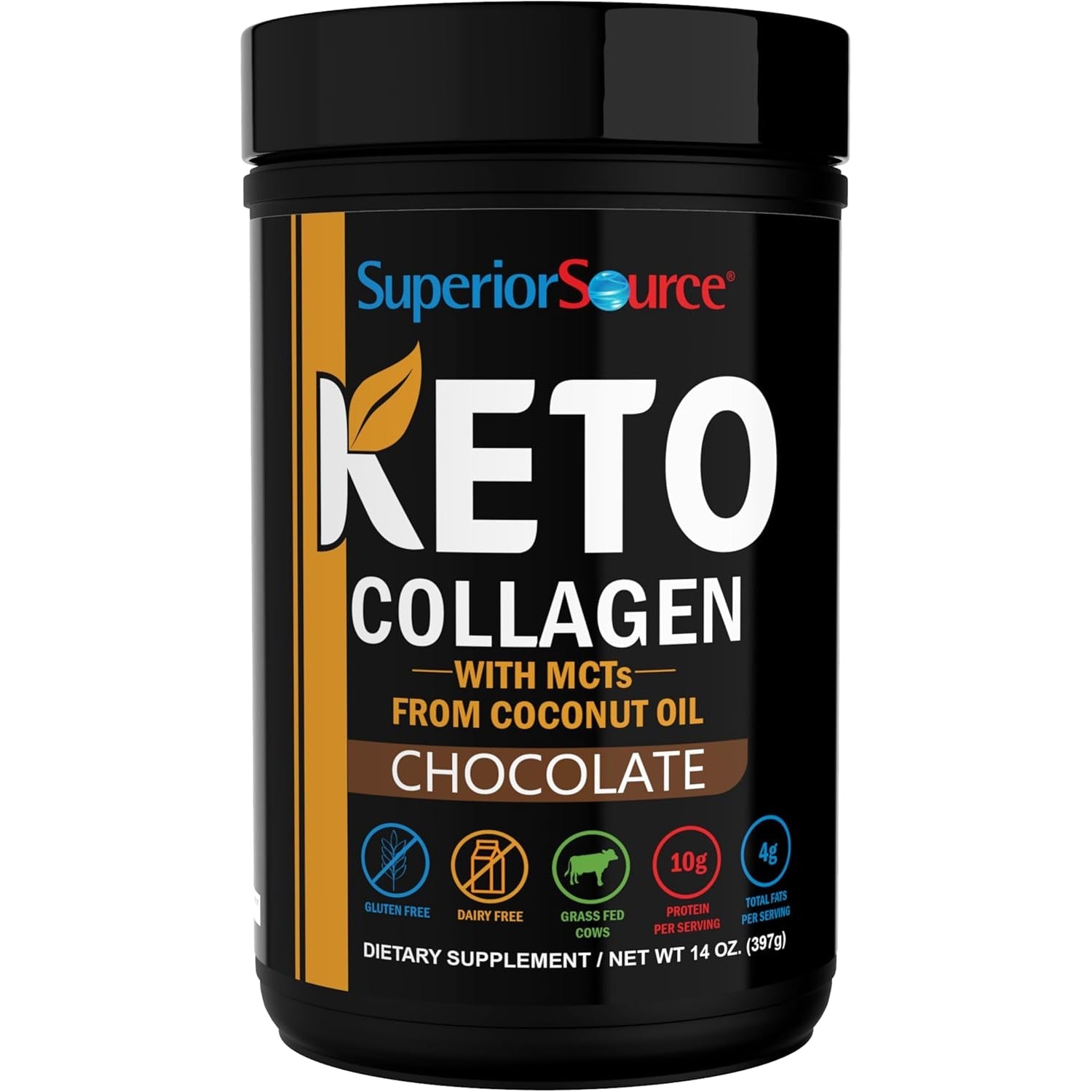 Superior Source Keto Collagen - Collagen Protein Powder with MCT Oil - Supports Hair, Skin, Nails & Joint Health - Dairy-Free - Chocolate, 14 Oz