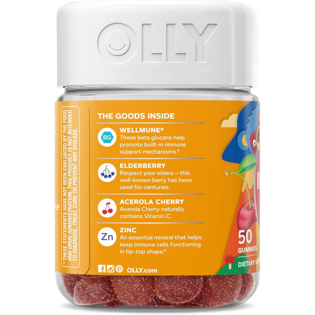 OLLY Kids Immunity Gummy, Immune Support, Wellmune, Elderberry, Vitamin C, Zinc, Chewable Supplement, Cherry - 50 Count