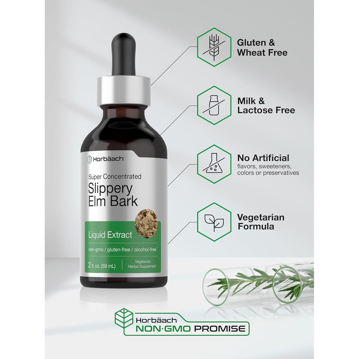 Horbäach Slippery Elm Liquid Drops | 2 Fl Oz | Bark Extract Tincture | Vegetarian | Alcohol Free | Non-Gmo, Gluten Free Supplement