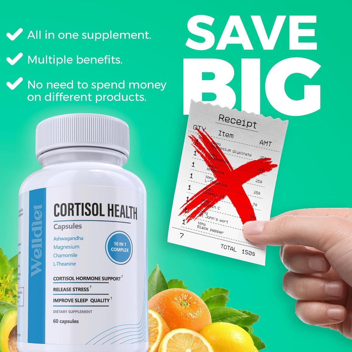 10-In-1 Cortisol Supplements with Magnesium, Ashwagandha, Chamomile, L-Theanine, St. John'S Wort, Rhodiola, 60 Capsules, Cortisol Supplements for Women -& Men, Cortisol Reducer, High Cortisol