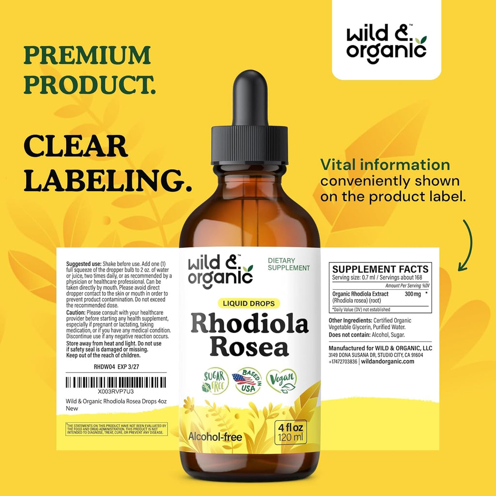 Wild & Organic Rhodiola Rosea Tincture - Rhodiola Rosea Supplement for Mood Support - Relaxing Root Extract Liquid Drops - Vegan, Sugar & Alcohol-Free - 4 Fl Oz