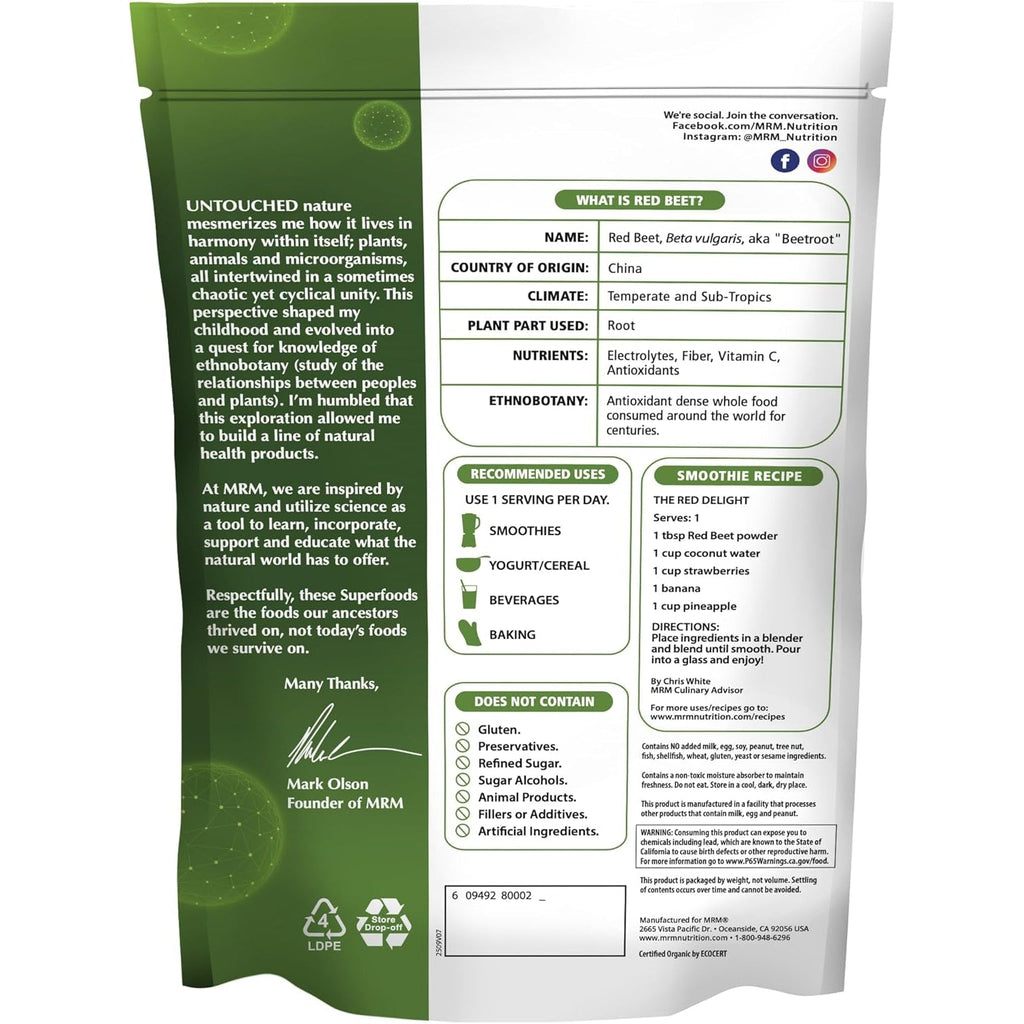 MRM Organic Red Beet Powder - USDA Organic Red Beet Root Powder Superfood with Antioxidants and Nutrients, Heart Health & Energy Support for Women & Men, Vegan & Gluten-Free - 24 Servings