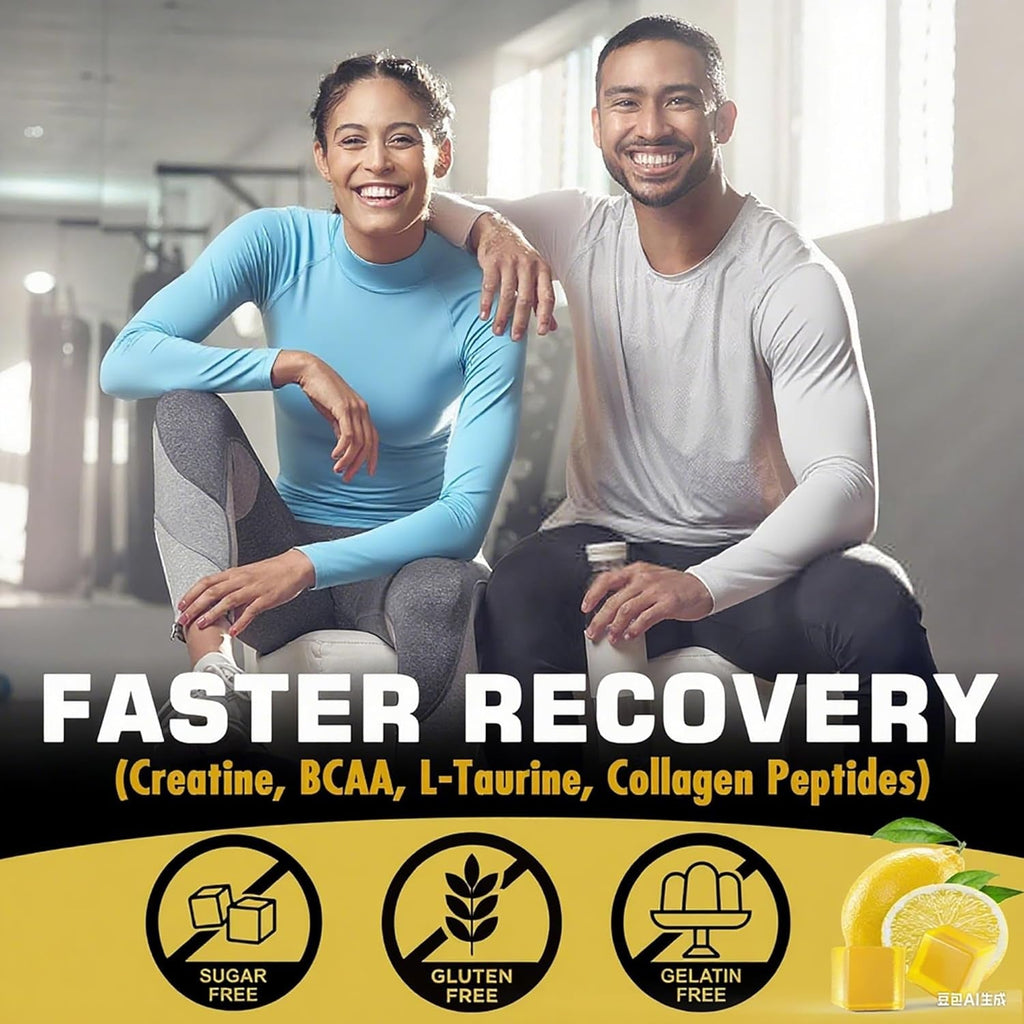 Creatine Monohydrate Gummies for Men & Women - with BCAA, Collagen Peptides, L-Taurine, Vitamin B12, D3, Chewables Creatine Monohydrate 5G per Serving, Natural Lemon Flavor, Sugar Free, 2 Pack