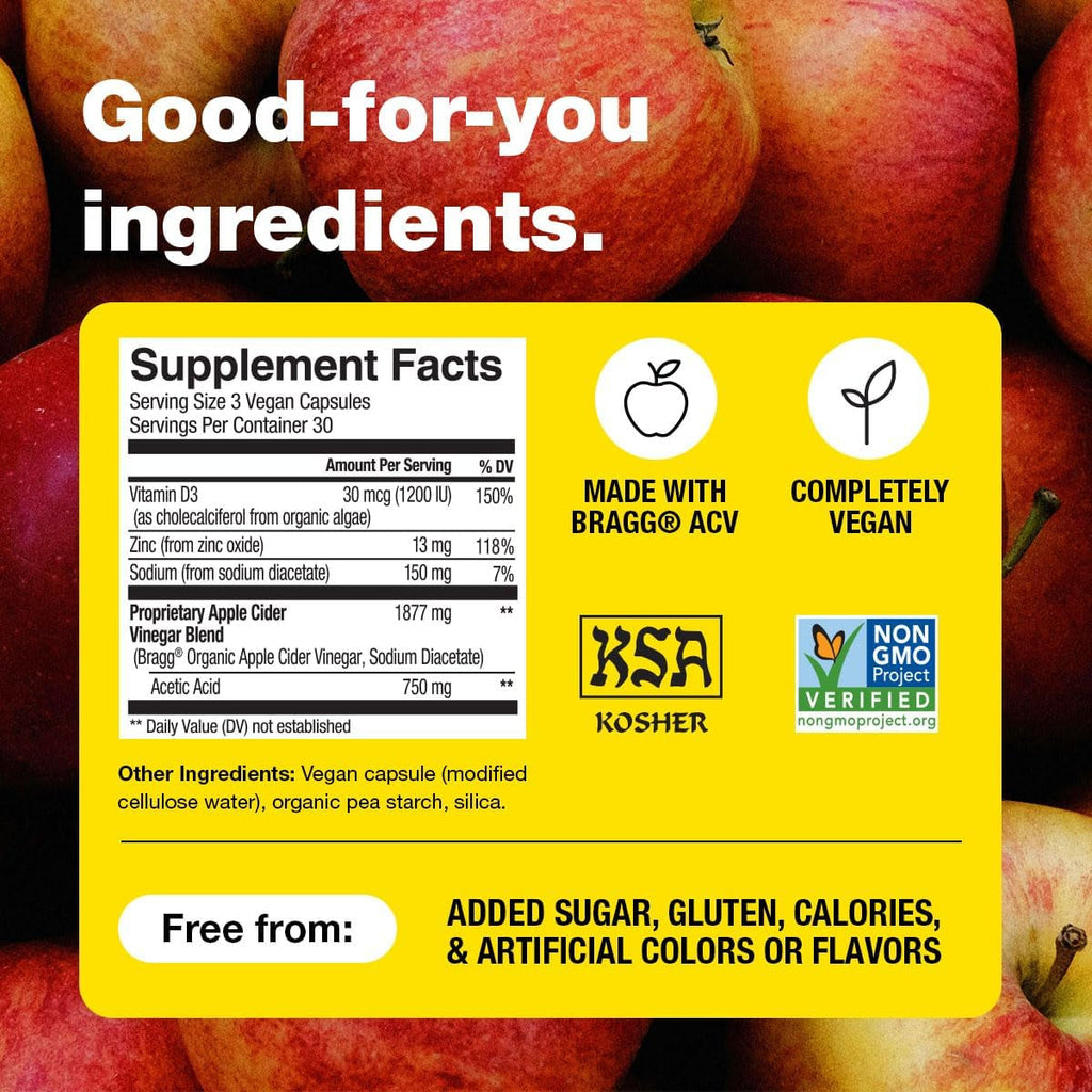 Bragg Organic Apple Cider Vinegar Capsules with Vitamin D and Zinc - (2 Pack) 90 Count - Supports Immune System