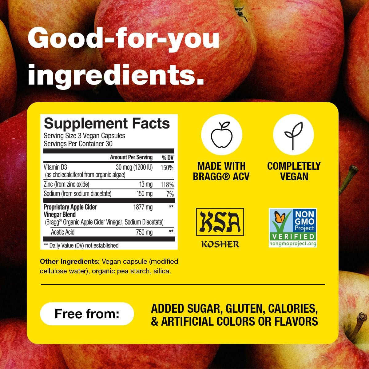 Bragg Organic Apple Cider Vinegar Capsules with Vitamin D and Zinc - 90 Count - Supports Immune System