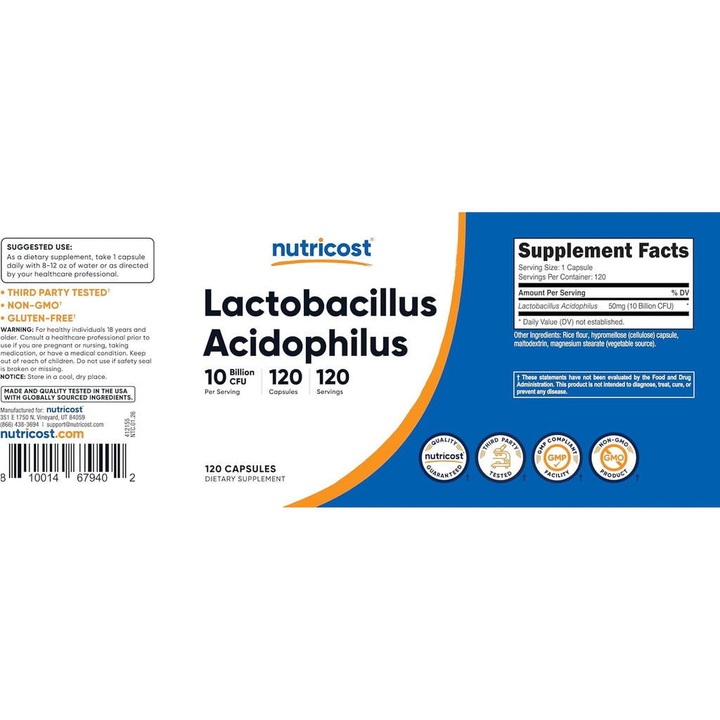Nutricost Lactobacillus Acidophilus 10 Billion CFU, 120 Vegetarian Capsules