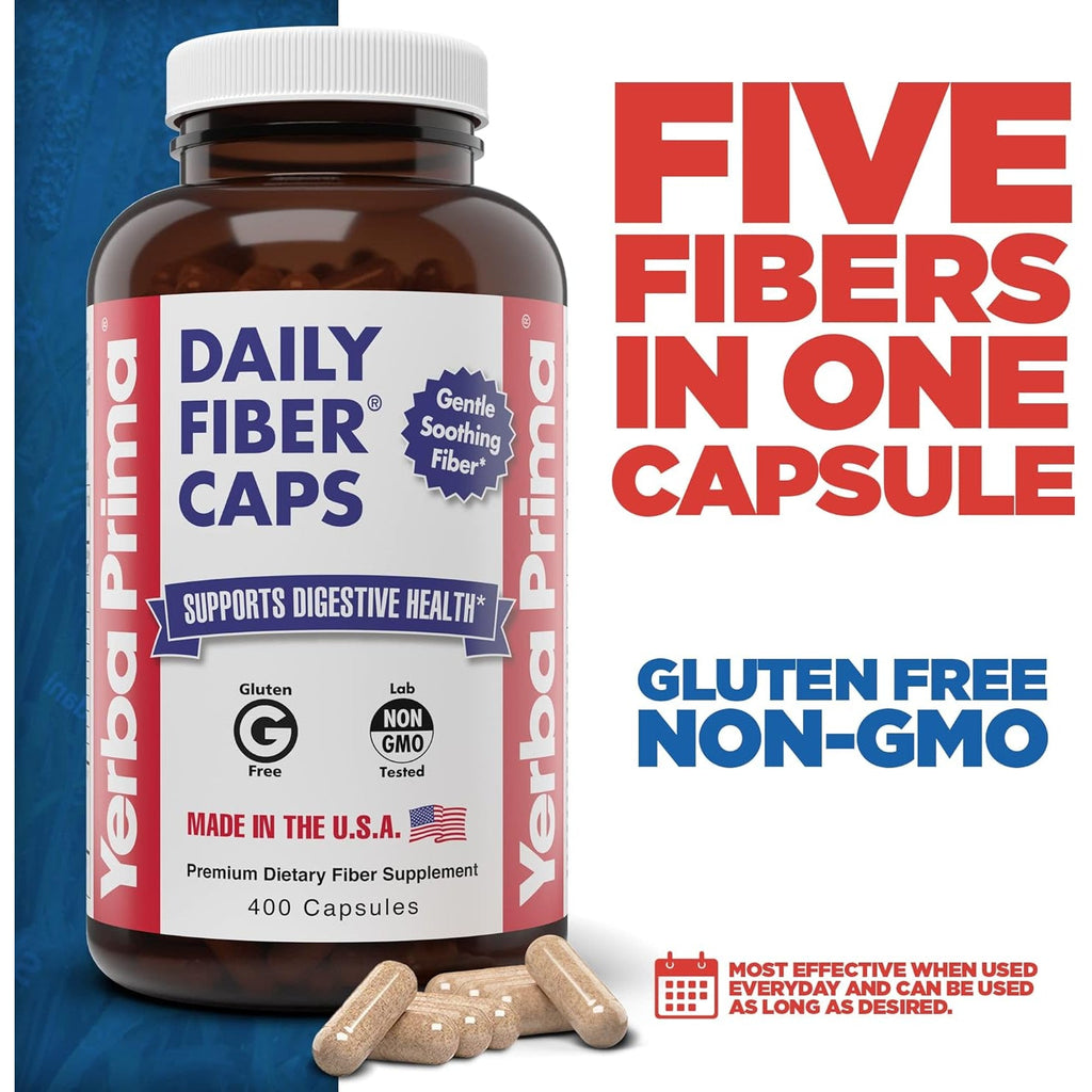 Yerba Prima Daily Fiber Caps Formula, 400 Capsules - Both Soluble and Insoluble - with Psyllium Seed Husks, Acacia Gum, Apple Fiber and More - Dietary Supplement