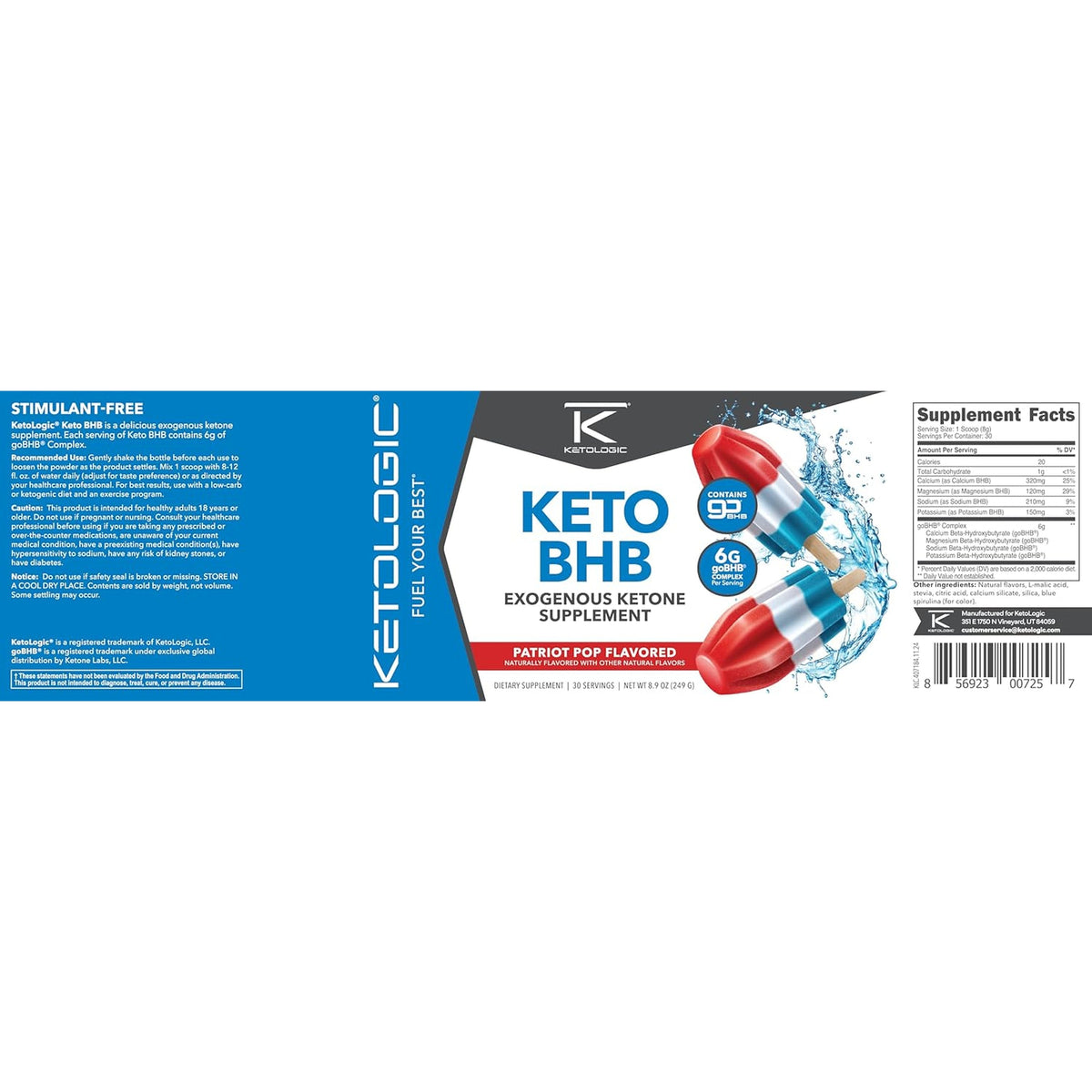 Ketologic Keto BHB (Patriot Pop Flavor) 30 Servings - Exogenous Ketone Supplement with Gobhb, Beta-Hydroxybutyrate Salts