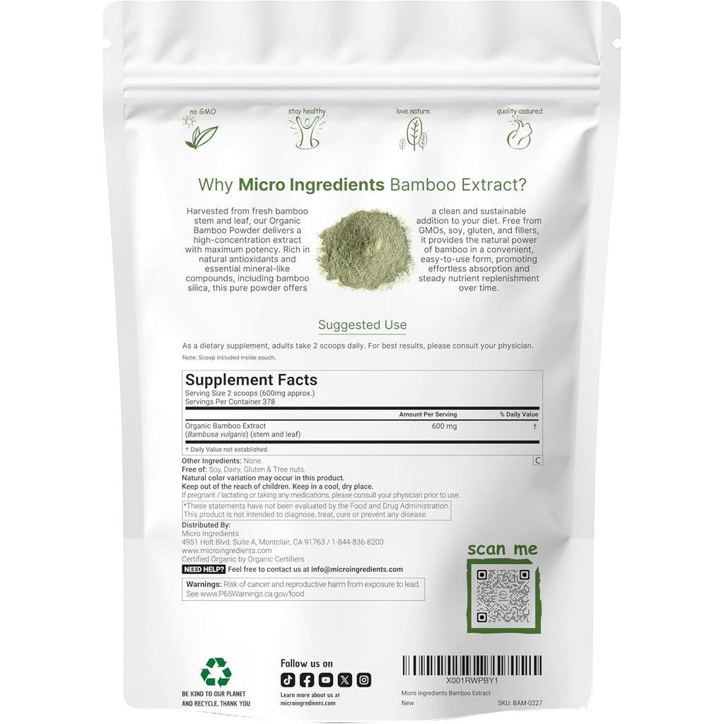 Micro Ingredients Organic Bamboo Extract Powder, 8Oz (378 Servings) | Bamboo Plant Silica & Mineral Supplements | Natural Stem & Leaf Extract | Non-Gmo, Gluten Free, Vegan Friendly