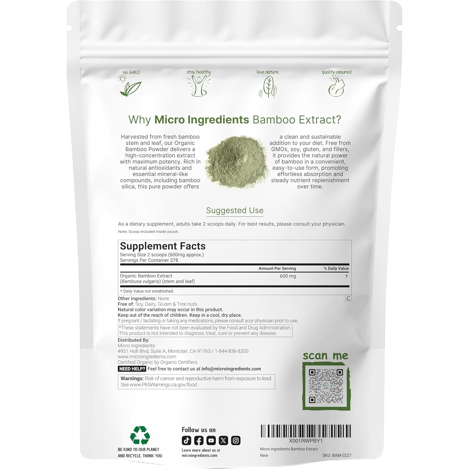 Micro Ingredients Organic Bamboo Extract Powder, 8Oz (378 Servings) | Bamboo Plant Silica & Mineral Supplements | Natural Stem & Leaf Extract | Non-Gmo, Gluten Free, Vegan Friendly