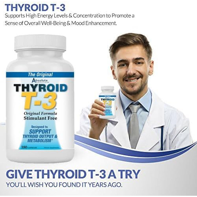 Absolute Nutrition Thyroid T-3 Radical Metabolic Booster, Energy & Focus Unflavored Thyroid Support Formula Capsules, Natural Metabolism Booster, Support Healthy Thyroid Function, 180 Capsules