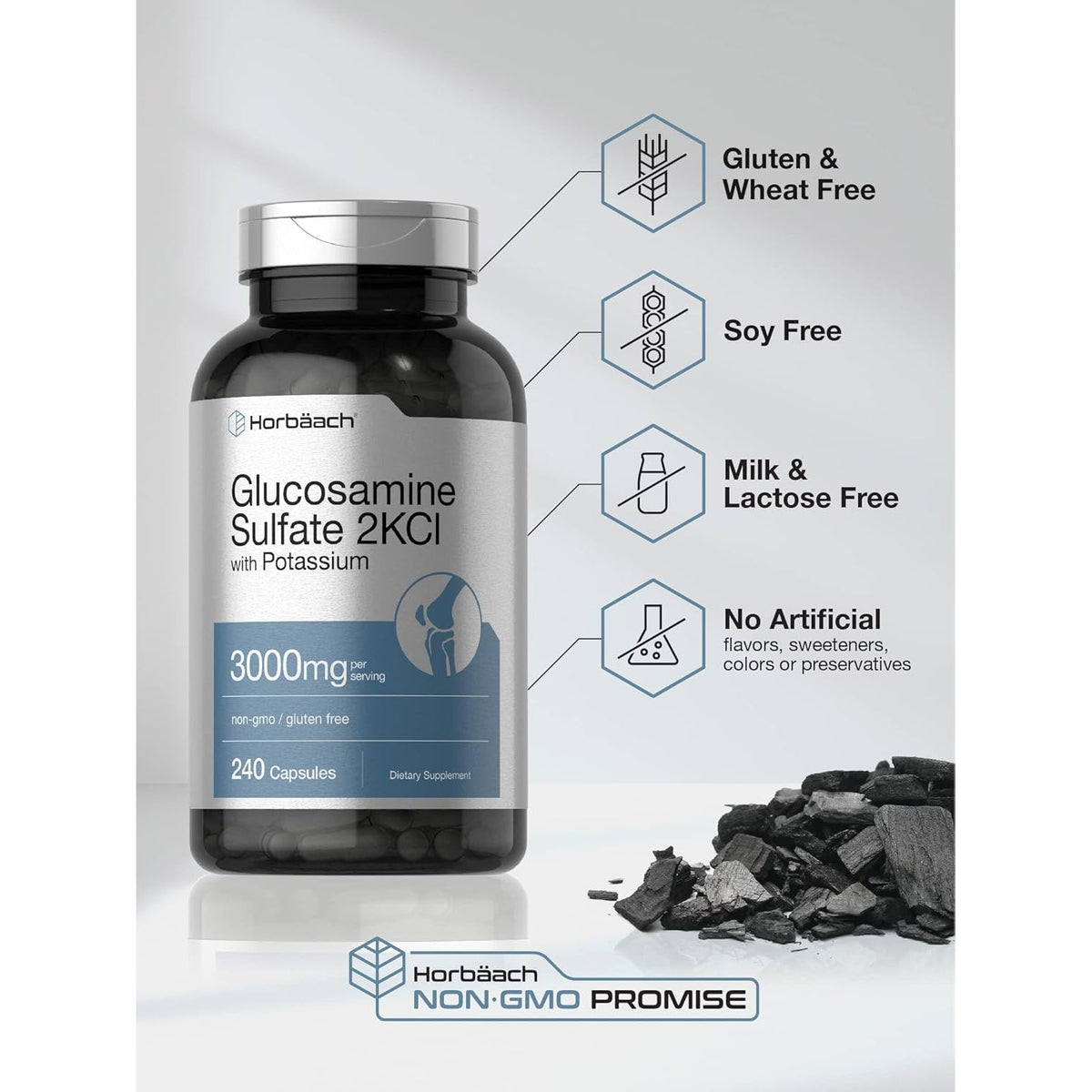 Horbäach Glucosamine Sulfate 2KCI with Potassium | 3000Mg | 240 Capsules | Non-Gmo and Gluten Free Supplement