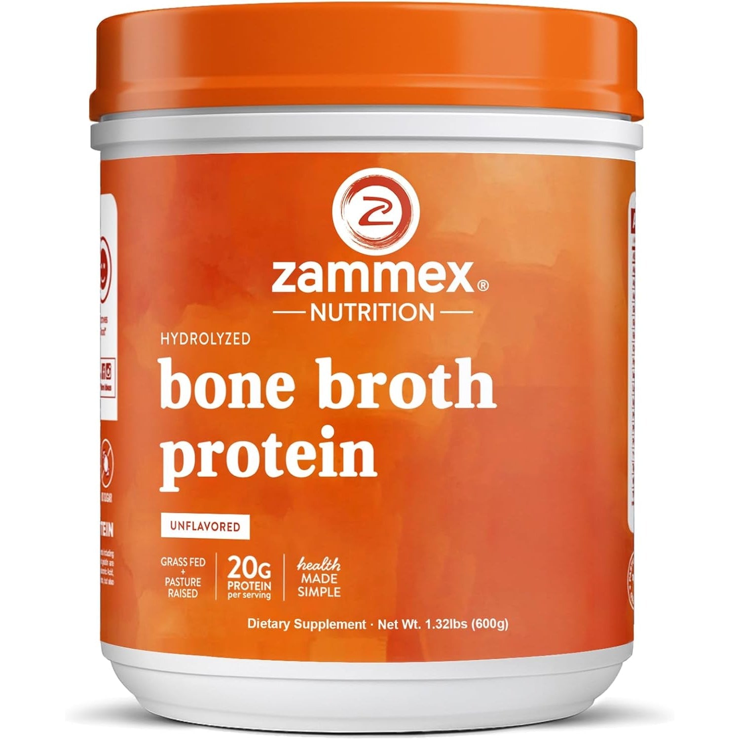 Zammex Pure Grass Fed Beef Bone Broth Protein Powder, 20G Protein, Hydrolyzed Collagen Supplement for Healthy Skin, Nails, Hair, Joints, Non-Gmo, Gluten Free, Paleo & Keto Friendly, Great in Soup
