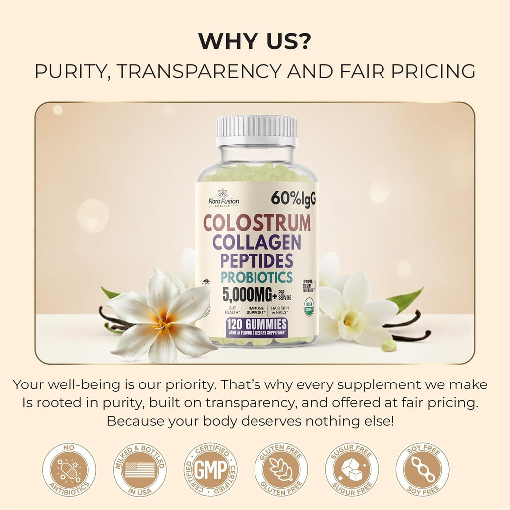 Colostrum Gummies I Collagen Peptides I Probiotics 5000+ Mg W/ 60% Igg I Immunity Support & Gut Health - Liposmal Technology - U.S. Sourced Superfood - Grass-Fed Bovine - 120 Gummies (Vanilla Flavor)