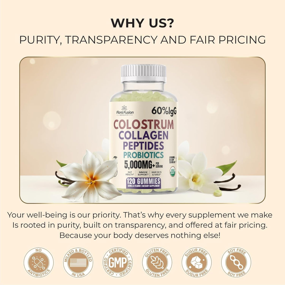 Colostrum Gummies I Collagen Peptides I Probiotics 5000+ Mg W/ 60% Igg I Immunity Support & Gut Health - Liposmal Technology - U.S. Sourced Superfood - Grass-Fed Bovine - 120 Gummies (Vanilla Flavor)