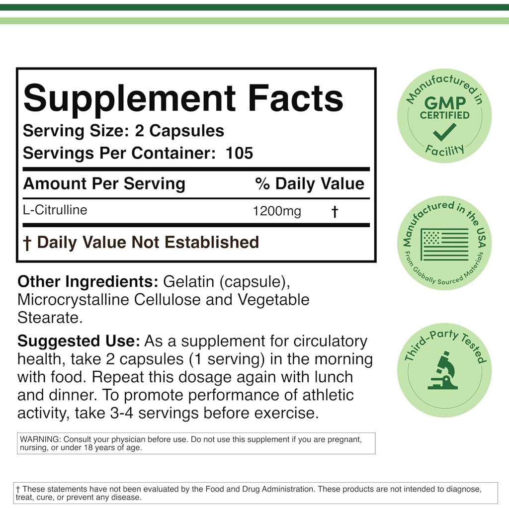 L Citrulline Capsules - 99% Tested Purity - 1,200Mg per Serving (Nitric Oxide Booster) for Muscle Recovery and Muscle Pump, 210 Count by Double Wood