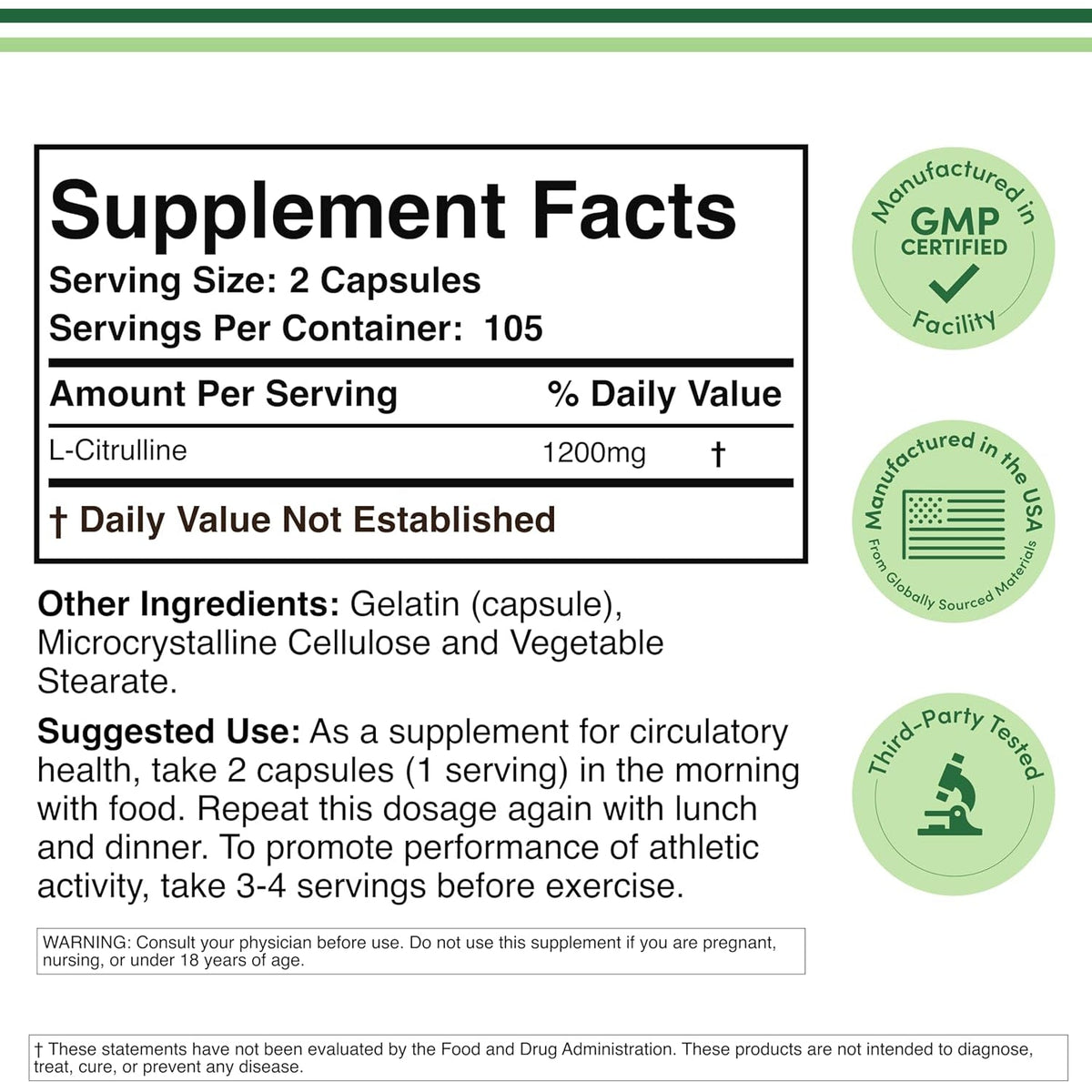L Citrulline Capsules - 99% Tested Purity - 1,200Mg per Serving (Nitric Oxide Booster) for Muscle Recovery and Muscle Pump, 210 Count by Double Wood