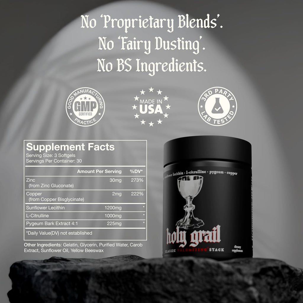 Holy Grail - Semen Volume Booster Stack | Softgel = Higher Bio-Availability | Men'S Load & Fertility Enhancer | Sunflower Lecithin, Pygeum, L-Citrulline, Copper, & Zinc for Testosterone | One Month