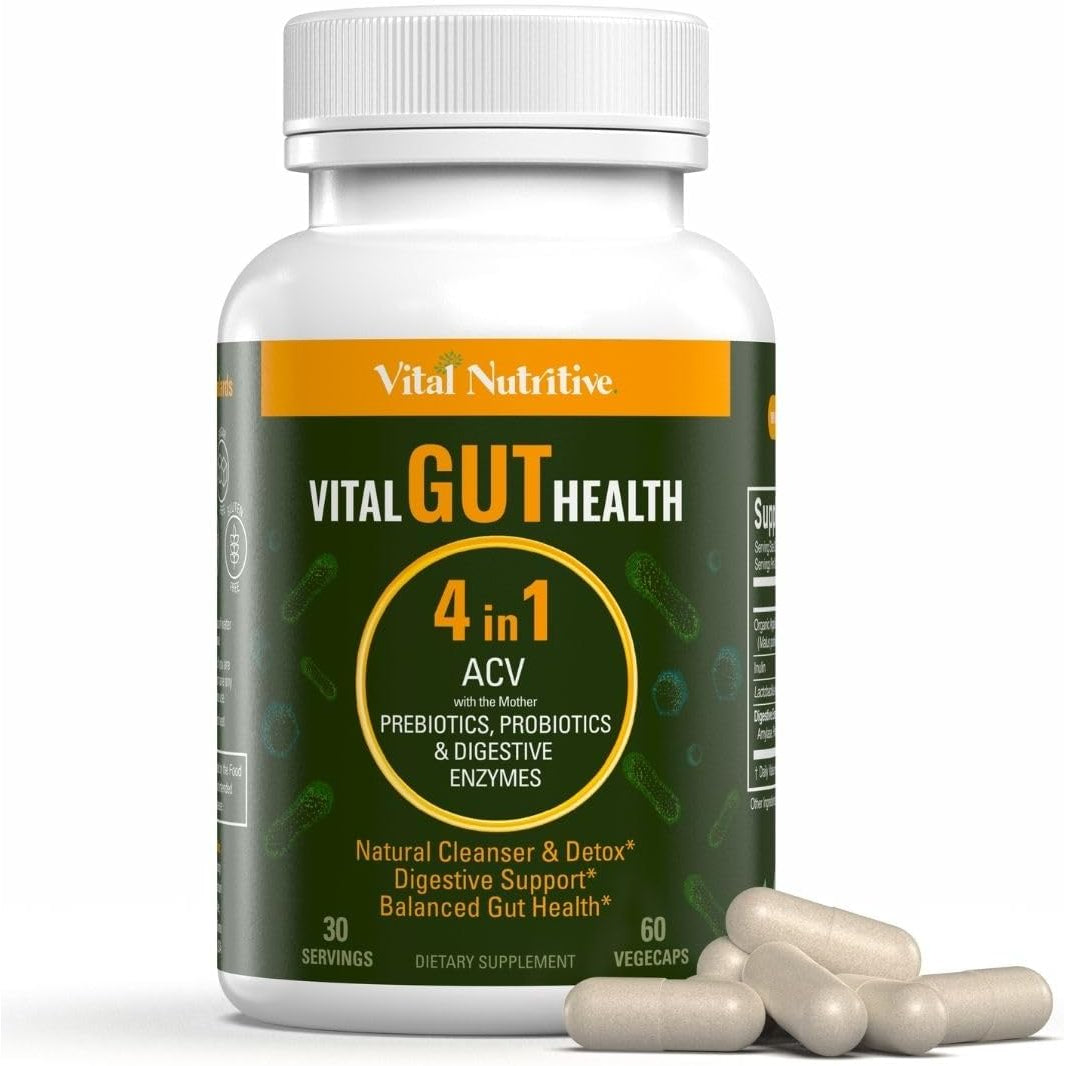 Vital Gut Health 4In1 Formula with Apple Cider Vinegar, Prebiotics & Probiotics, Digestive Enzymes for Strong Immunity Support and Complete Gut and Digestion Support- 30 Days Supply