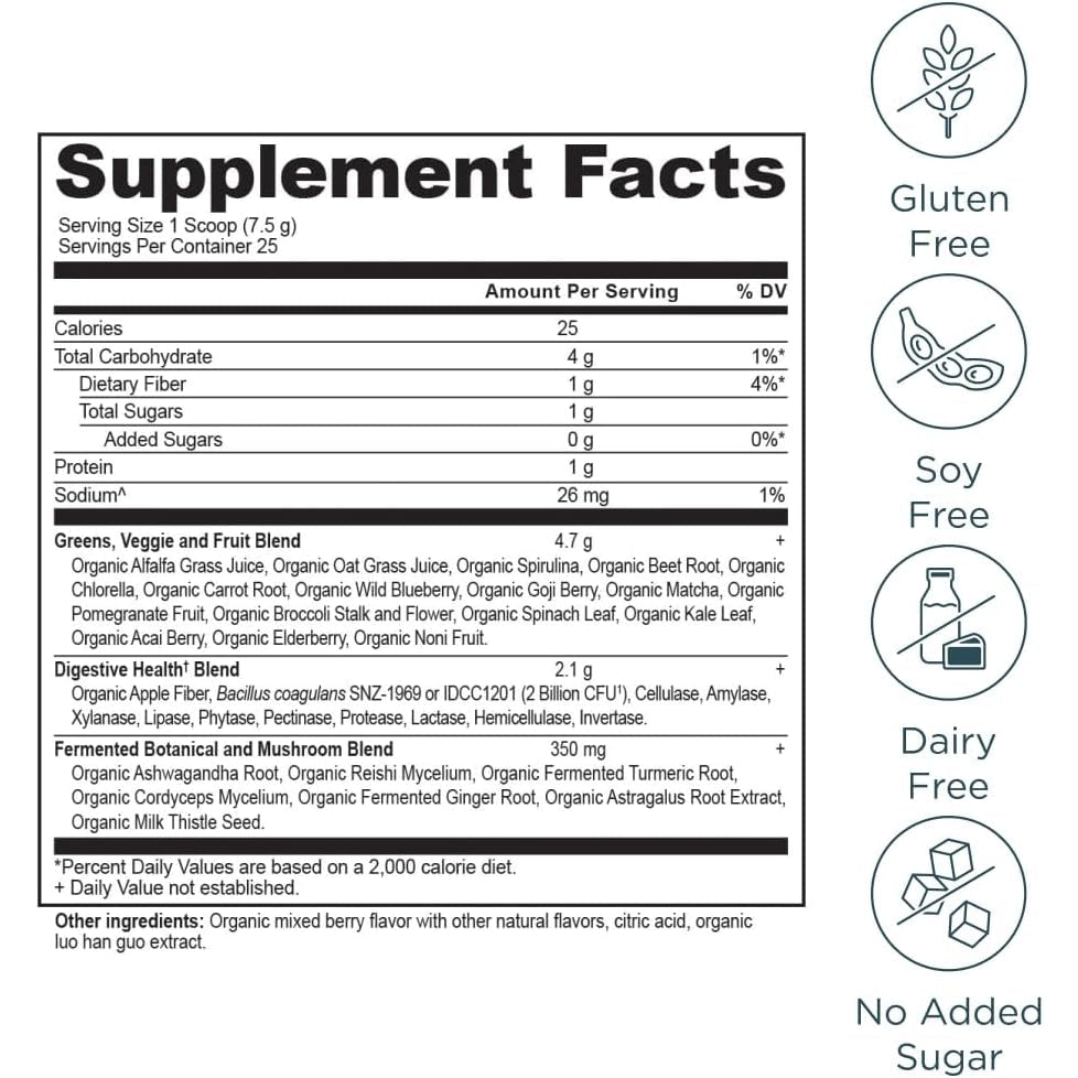 Ancient Nutrition Supergreens Powder with Probiotics, Organic Berry Flavor Greens, Made from Real Fruits, Vegetables and Herbs, Digestive and Energy Support, 25 Servings, 6.7Oz