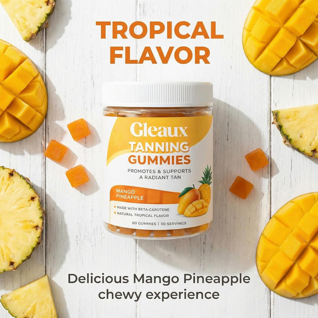Gleaux Tanning Gummies, Tanning Gummies for Women, Sunless Radiance Support with Beta Carotene, Astaxanthin & Lycopene, for Skin Health & Complexion Support, Mango Pineapple Flavor, 60 Gummies