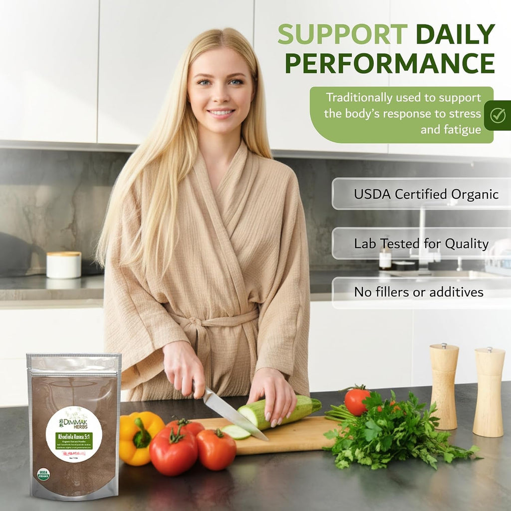 Dimmak Herbs Organic Rhodiola Rosea Extract 5:1 Powder (High Potency Adaptogen)- TCM Doctor Formulated 100% Golden Root for Energy, Focus & Cortisol Support- Non-Gmo, Extra Strength Concentrate (4Oz)