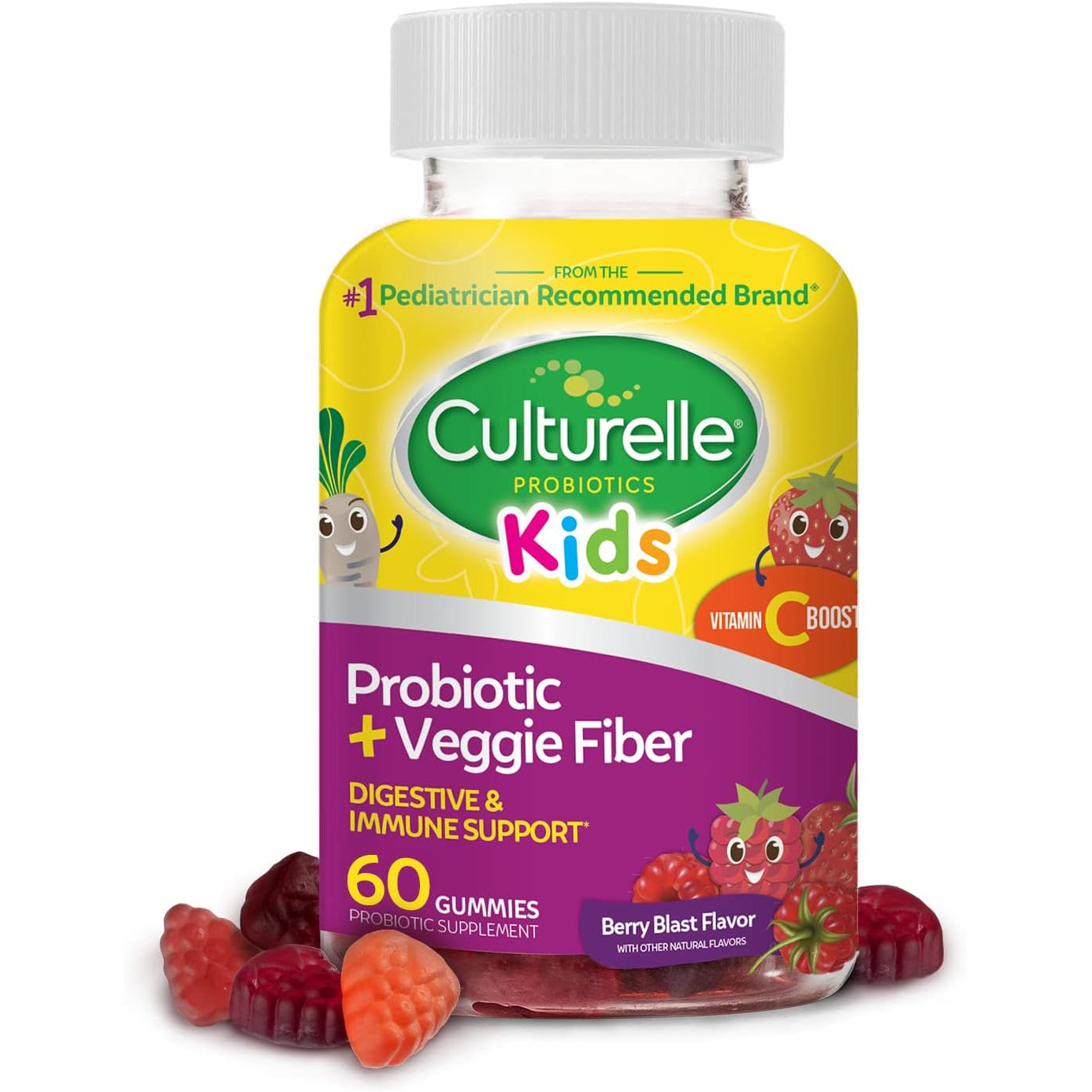 Culturelle Daily Probiotic for Kids + Veggie Fiber Gummies (Ages 3+) - 60 Count - Digestive Health & Immune Support – Berry Flavor with a Vitamin C Boost